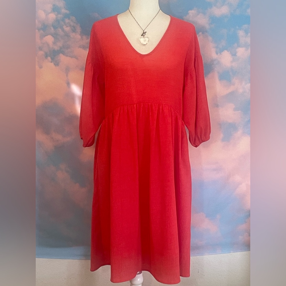 Vibrant Red Midi Peasant Dress